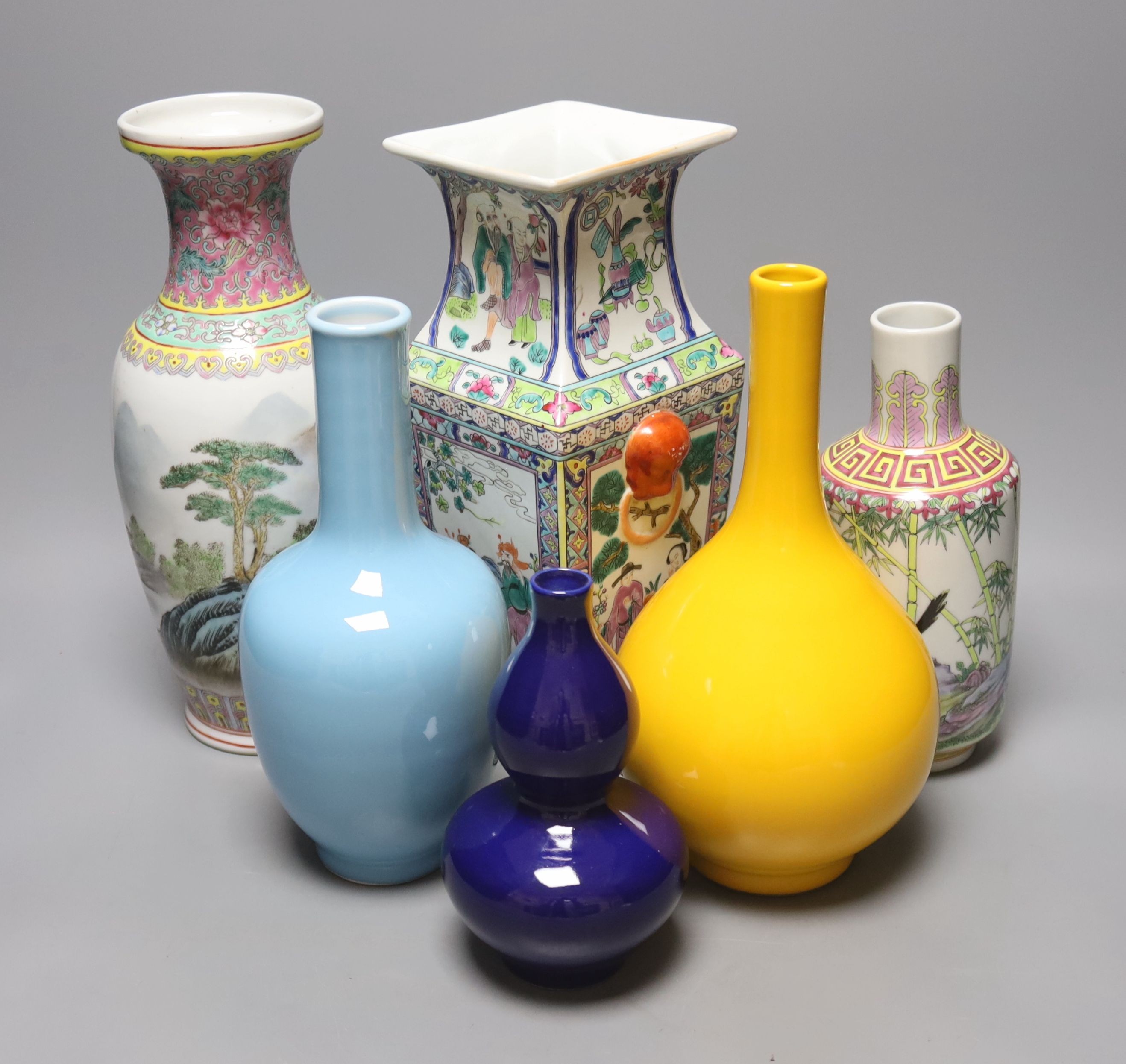 Three Chinese monochrome vases and three famille rose vases (6), tallest vase 30 cms.